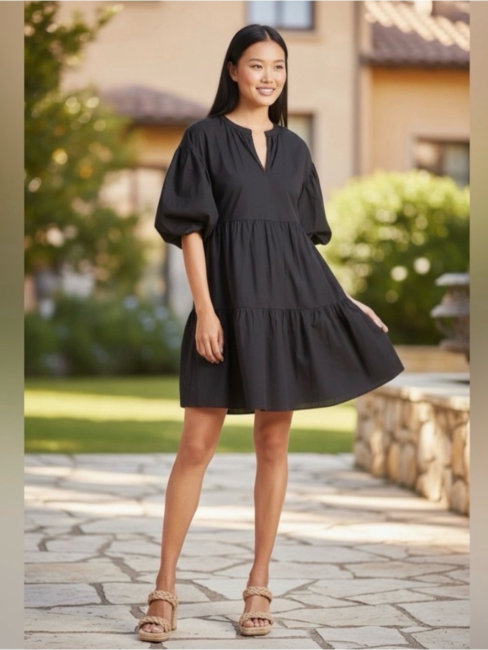 Sundry for Evereve Black Tiered V-Neck Babydoll Mini Dress